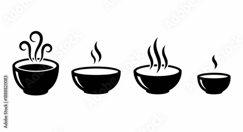 Set of Black Silhouette Bowls with Rising Steam Hot Soup Icons Variety Sizes