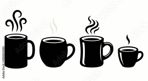 Set of Black Silhouette Coffee Mugs with Steam Icons Variety Sizes