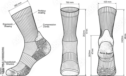 Compression support sports sock technical line illustration showing ergonomic shaping arch support zones measurements and breathable fabric structure details design
