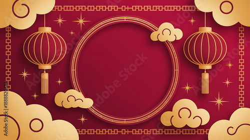 A vibrant red background adorned with golden lanterns clouds and a decorative frame celebrating asian traditions
