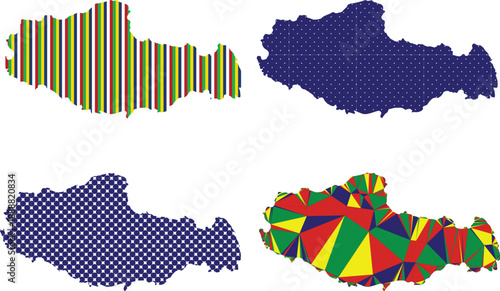 Tibet map with colorful geometric and patterned regional variations