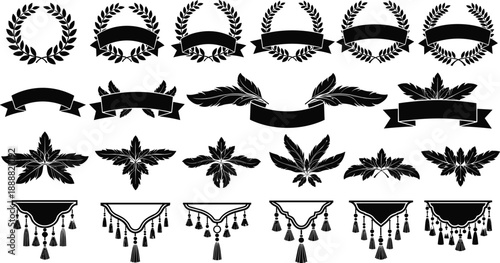Elegant wreath banner leaf ornament silhouette collection featuring laurel frames decorative ribbons floral elements tassel designs and vintage emblem artwork