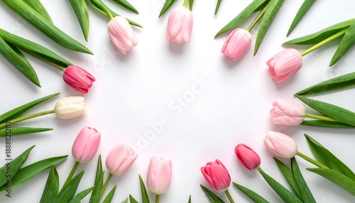 A circular arrangement of pink and white tulips with green leaves on a white background