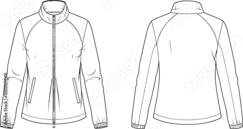 Fitted zip jacket technical line illustration showing front and back views with stand collar raglan sleeves zipper pockets and clean outerwear construction details