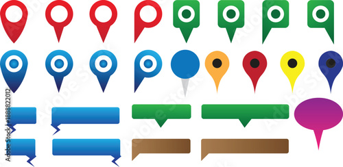 Map location pins and speech bubble labels in vector file.
Perfect for maps, GPS navigation, infographics, web and app UI, pointers, callouts and modern business presentations.