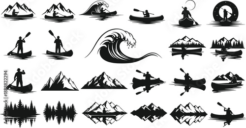 Outdoor adventure silhouette icon set featuring canoe kayaking waves mountains forests lakes reflections and nature exploration scenes in bold graphic style