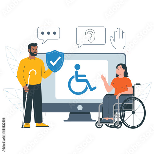 Diverse people with disabilities interacting with accessible technology