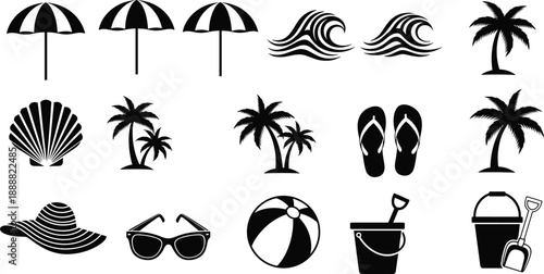 Summer beach silhouette icon set featuring umbrellas waves palm trees flip flops shell sunglasses ball bucket and seaside vacation elements