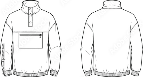 Technical fashion flat sketch of pullover jacket with front zipper pocket high collar button placket long sleeves ribbed cuffs hem illustration