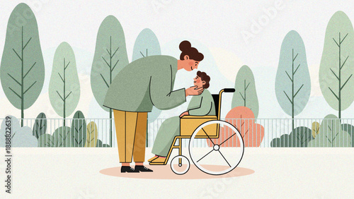 A modern minimalist illustration of a tender moment between a caregiver and a child in a wheelchair