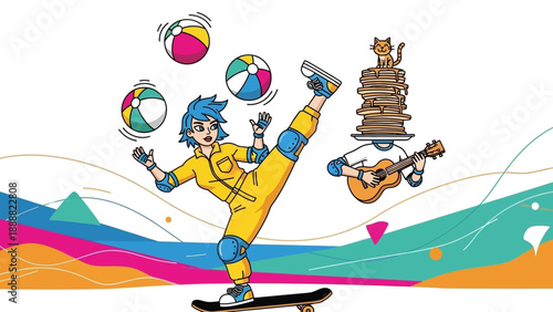 Cartoon Man Juggling Balls on Skateboard.