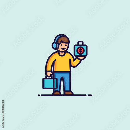Cartoon Man Holding Camera and Bag.