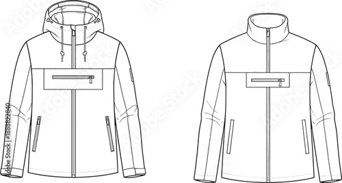 Technical flat hooded jacket front back view fashion line drawing modern outerwear apparel template for clothing design production use