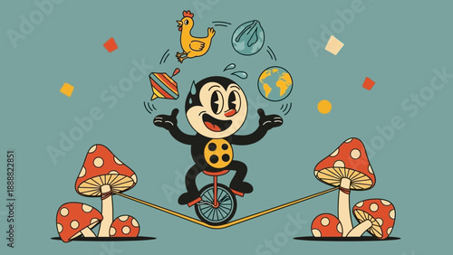 Cartoon Mouse Balancing on Unicycle with Objects.