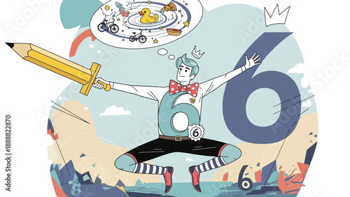 Cartoon Robot Celebrating Sixth Birthday Party.