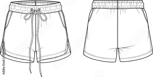 Technical flat shorts front back view fashion line drawing athletic casual apparel template for clothing design production specification use