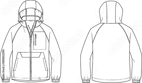 Technical flat hooded jacket front back view fashion line drawing winter outerwear apparel template for clothing design production use
