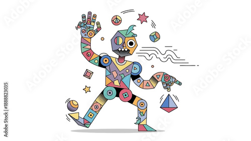 Colorful Cartoon Character with Various Objects.