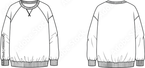 Technical flat sketch of classic raglan crewneck sweatshirt with ribbed collar cuffs hem relaxed fit long sleeves fashion apparel design illustration