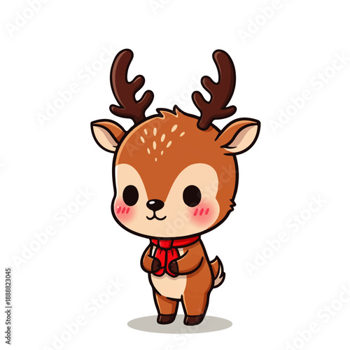 Adorable kawaii style baby reindeer wearing a red scarf, with rosy cheeks and expressive eyes, standing isolated on a white background. Perfect for holiday and children's themes.