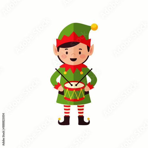 Cute cartoon Christmas elf playing a drum, wearing a festive green and red outfit with a pointy hat and striped stockings. Ideal for holiday designs and children's themes.