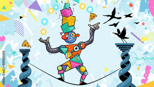 Colorful Clown Balancing on Tightrope with Blocks.