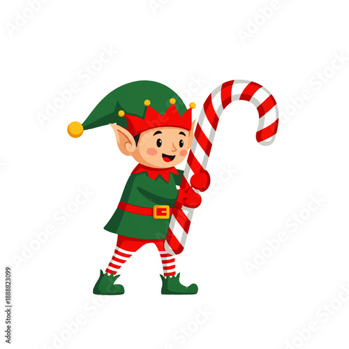 A cheerful Christmas elf in a festive green outfit and hat, happily holding a giant red and white striped candy cane, perfect for holiday themes and designs.