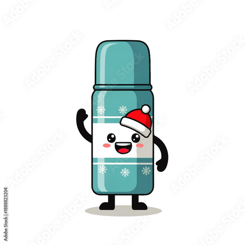 Adorable blue thermos bottle cartoon character, adorned with snowflakes and a Santa hat, waving a friendly greeting. Perfect for festive winter and Christmas designs.