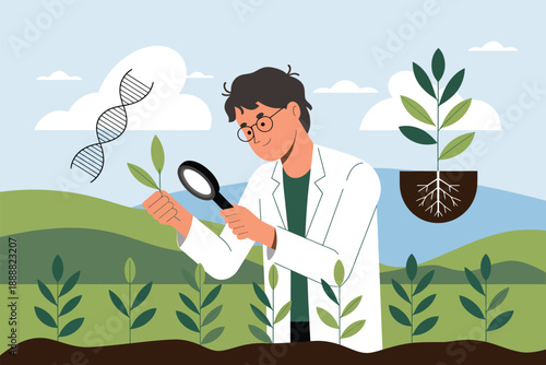 Scientist examining plant growth with magnifying glass in green landscape