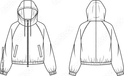 Technical flat sketch of cropped hooded jacket with zipper front drawstring hood long sleeves elastic hem cuffs fashion garment illustration template
