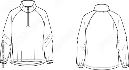 Technical flat sketch of half zip raglan pullover with high collar elastic cuffs curved hem long sleeves casual apparel fashion illustration template