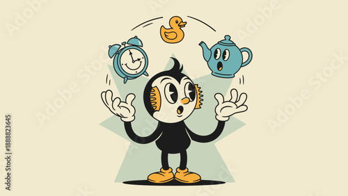Cartoon Character Juggling Time Objects.