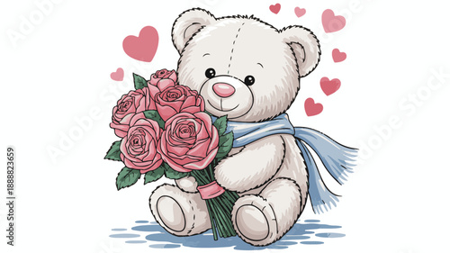 Cute White Teddy Bear Holding Pink Roses Bouquet with Blue Scarf and Hearts adorable