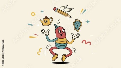 Cartoon Character Jumping with Surrounding Objects.