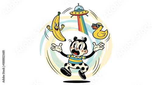 Cartoon Character Jumping with Toys and UFO.