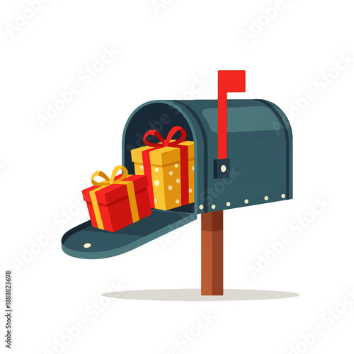 A blue mailbox with its flag up, overflowing with colorful gift boxes, symbolizing special delivery, surprise, and celebration for holidays or birthdays.