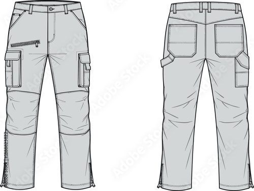Technical flat sketch of multi pocket cargo pants with zipper pocket knee seams utility details belt loops back pockets workwear apparel illustration template