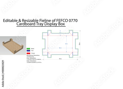 Cardboard Tray Display Box Fieline with Dimensions and Color- Coded Lines