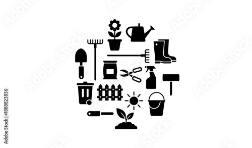 Minimal Black Silhouette Garden Icons with Plants Tools and Fence Elements Vector Set