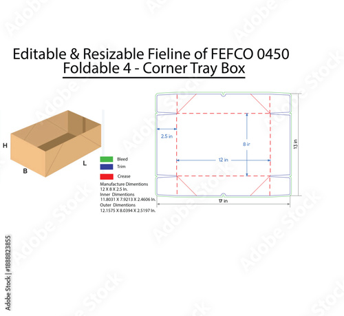 Editable and Resizable Fieline of F E F C O 0450 Foldable 4 Corner Tray Box