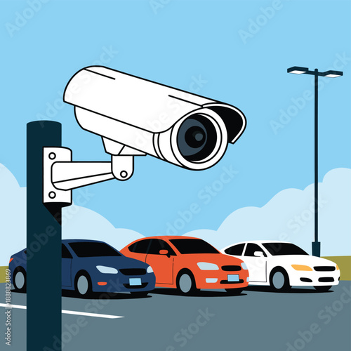 Security camera monitoring parking lot with cars