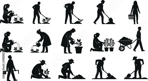 Gardening people silhouette, tools, planting, watering, farming, outdoor activity, black icons, flat vector