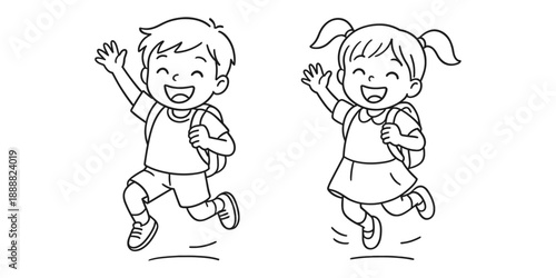 Happy children running to school with backpacks on