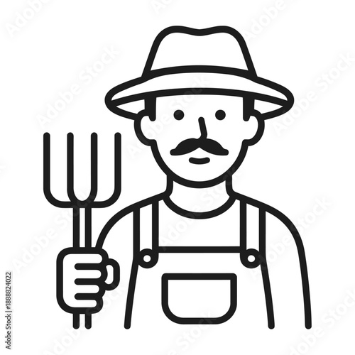 Farmer holding pitchfork in hand wearing hat and overalls
