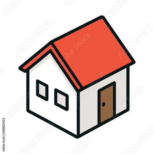 Simple white house with red roof and brown door