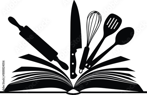 Open book with kitchen utensils, cookbook concept, culinary tools, cooking knowledge, flat vector