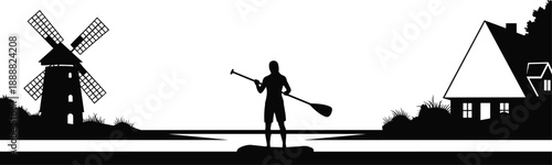 Rural paddleboarding silhouette, windmill, house, nature, countryside, outdoor recreation, peaceful scene, flat vector