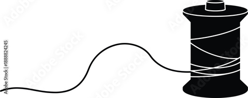 Spool of thread unwinding, sewing tool, textile craft icon, curved filament, flat vector
