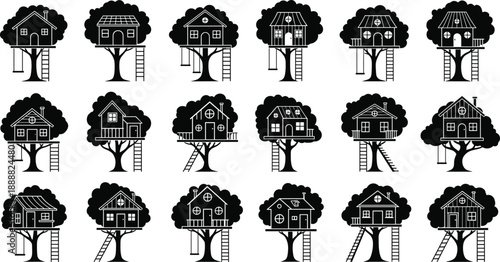 Treehouse silhouette illustration set featuring multiple wooden houses on trees with ladders unique designs minimal style architecture and outdoor concepts