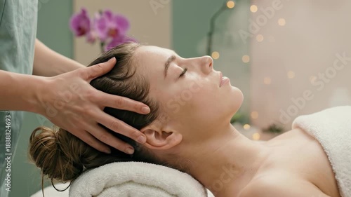 Young woman receiving a relaxing head and scalp massage from a professional therapist in a peaceful spa salon setting with orchid flowers